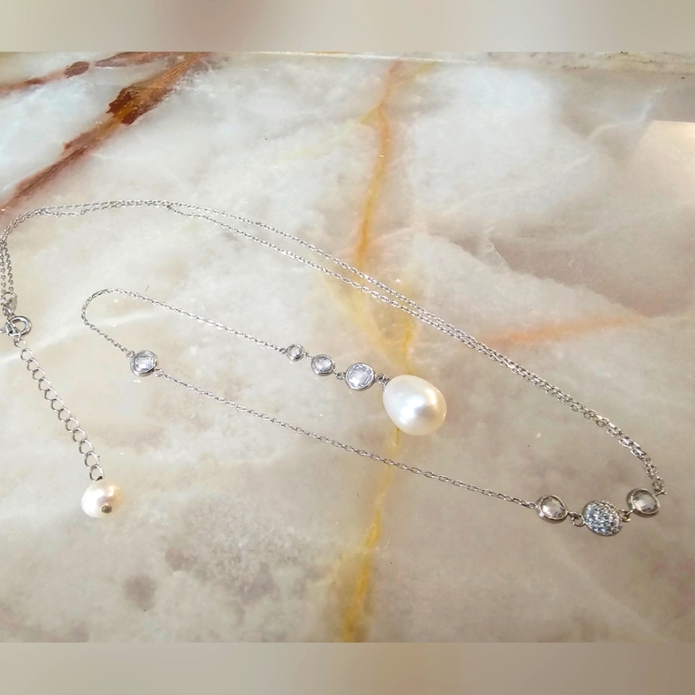 Sterling Silver Genuine Freshwater Pearl and CZ Lariat Necklace